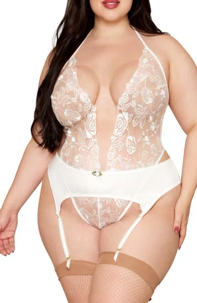 Dreamgirl Floral Embroidered Sheer Teddy & Garter Belt Set In White