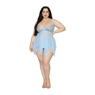 Dreamgirl Floral Embroidery Lace And Stretch Mesh Babydoll And G-string Set Womens Plus Babydoll 13652x-atcb In Blue