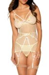 Dreamgirl Floral Mesh Basque With Garter Straps & G-string Set In Daffodil