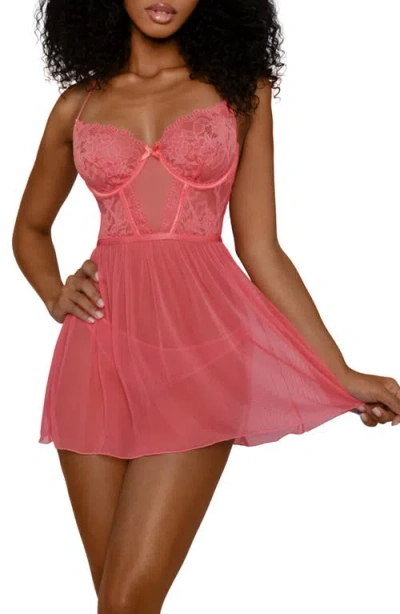 Dreamgirl Lace & Mesh Underwire Babydoll Chemise & Thong In Pink