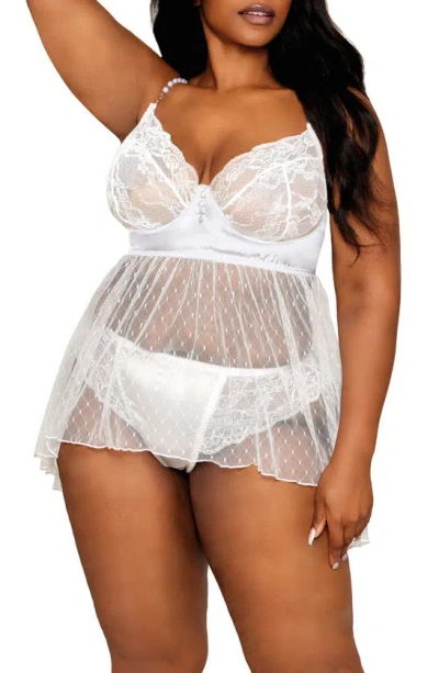 Dreamgirl Lace & Satin Babydoll Chemise & Trousery Set In White