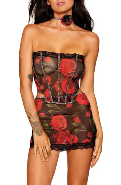 Dreamgirl Lace Trim Floral Mesh Bustier, Skirt & Choker Set In Red Rose