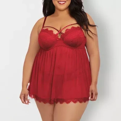 Dreamgirl Plus Eyelash Lace And Mesh Babydoll Set - 12378x In Red