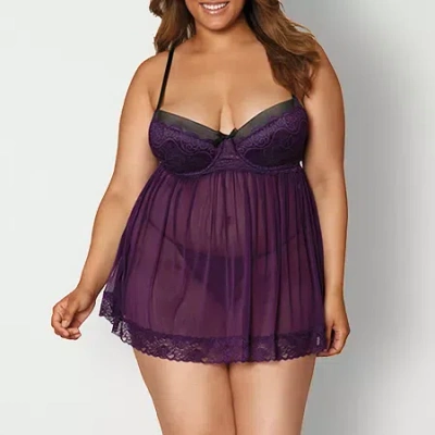 Dreamgirl Plus Stretch Mesh And Lace Babydoll With G-string - 11020x In Purple