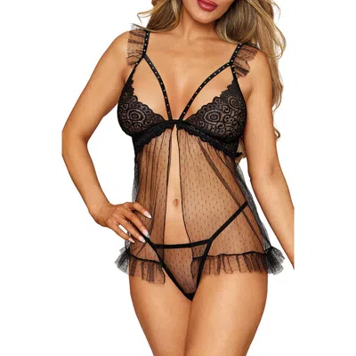 Dreamgirl Ruffle Mesh Underwire Babydoll Chemise & G-string Set In Black
