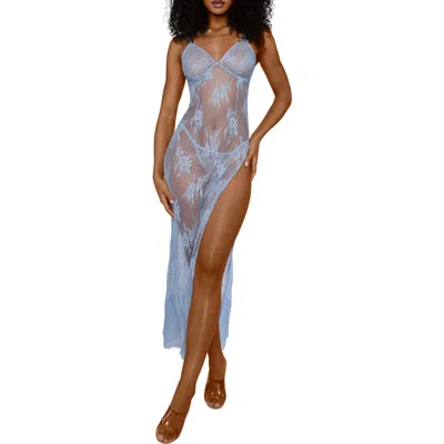 Dreamgirl Sheer Lace Chemise & G-string Set In Blue