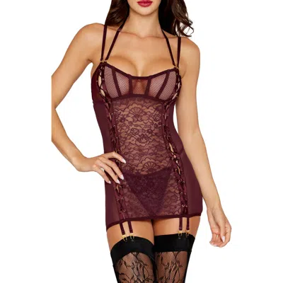 Dreamgirl Slip With Garter Straps & G-string Set In Burgundy