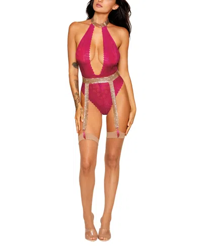 Dreamgirl Strech Lace Halter Teddy With Separate Chainmail Garter Belt In Beet