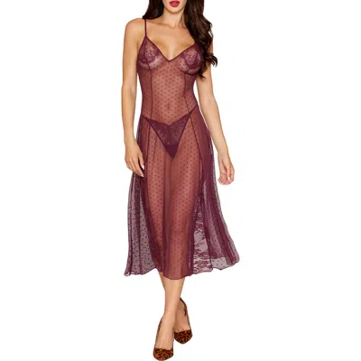 Dreamgirl Swiss Dot Lace & Mesh Chemise & G-string Set In Burgundy