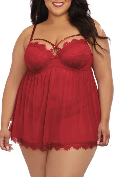 Dreamgirl Underwire Babydoll Chemise & G-string Set In Burgundy
