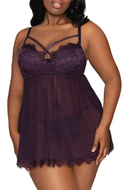 Dreamgirl Underwire Babydoll Chemise & G-string Set In Purple