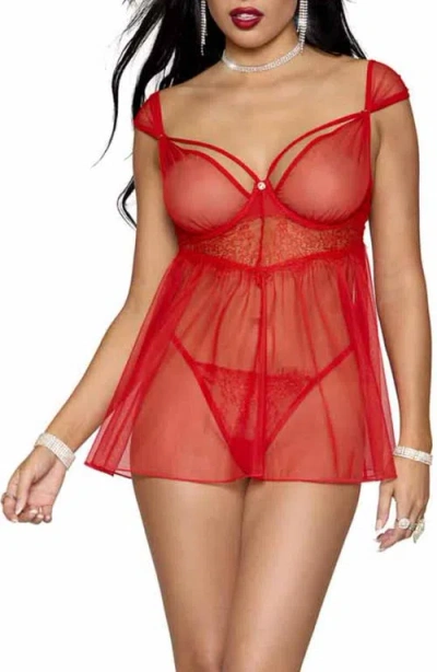 Dreamgirl Underwire Babydoll Chemise & G-string Set In Red
