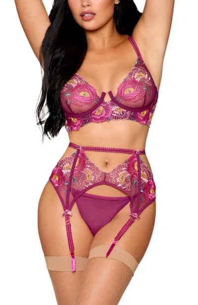 Dreamgirl Underwire Bra, G-string & Garter Belt Set In Purple