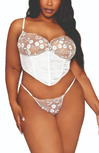 Dreamgirl Underwire Satin & Sheer Mesh Bustier & G-string Set In White
