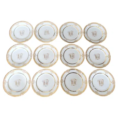 Pre-owned Dresden Porcelain Set Of 12 Antique Dresden White Porcelain Dinner Plates With Gilt Decoration