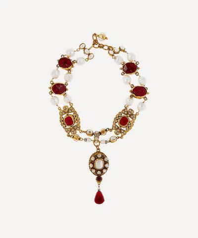 Dress Box 1980's Chanel Gilt Faux Ruby And Diamond Pearl Necklace