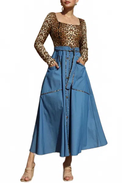 Dress Day Belted Leopard Knit Top Denim Button Up Midi Dress In Multi In Blue