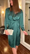 Dress Day Ruched Shirt Satin Midi Dress In Emerald In Gold