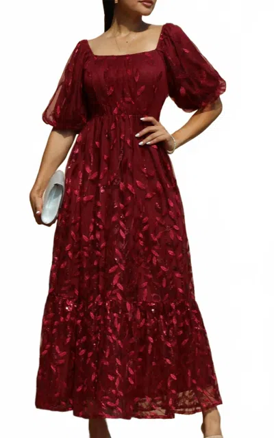 Dress Day Sequins Mesh Long Dress In Burgundy In Red