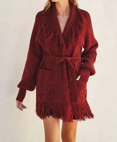Dress Forum Cable Detail Fringe Long Cardigan In Crimson In Burgundy
