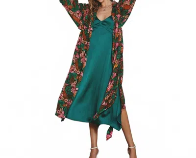 Dress Forum Fleur Draped Sleeve Open Front Duster In Tropical Floral Print In Green