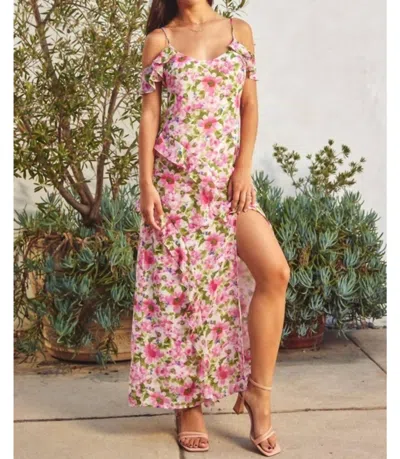 Dress Forum Floral Ruffle Slip Dress In Carmine Rose In Multi