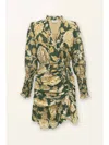 DRESS FORUM FLORAL RUNCHED MINI DRESS IN PINE/GOLD FLORAL