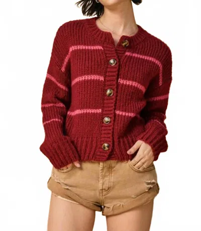 Dress Forum Fluffy Striped Button Down Cardigan In Burgundy / Pink In Red