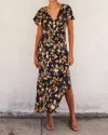 Dress Forum Flutter Sleeve Maxi Dress In Gold/black Floral Print