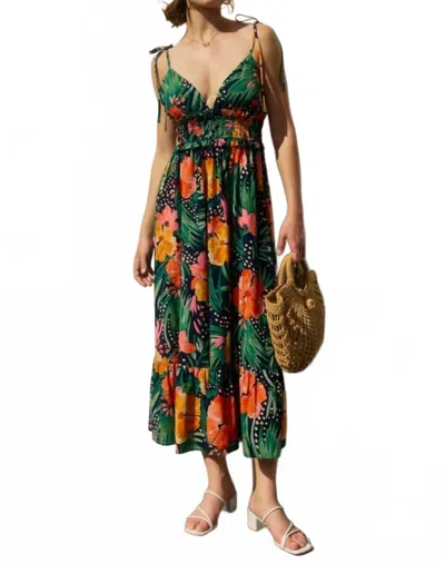 Dress Forum Hibiscus Shirred Waist Midi Dress In Poppy Field In Green