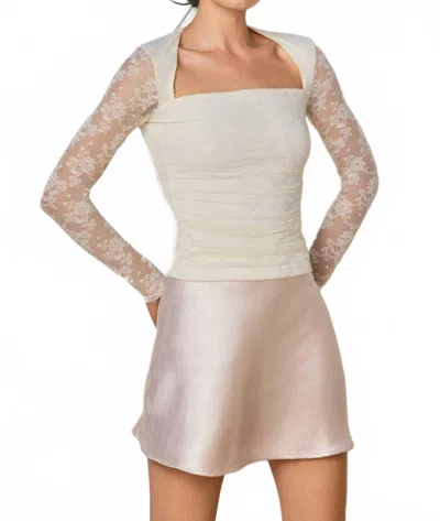 Dress Forum Lace Queen Anne Ruched Long Sleeve Top In Ivory In Multi