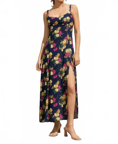 Dress Forum Paris Floral Side Slit Maxi Dress In Navy Multi In Blue