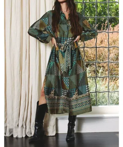 Dress Forum Retro Patch Print Long Sleeve Dress In Golden Eden In Green