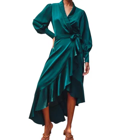 Dress Forum Satin Ruffled Midi Wrap Dress In Emerald Green