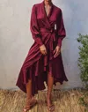 Dress Forum Satin Ruffled Midi Wrap Dress In Sangria In Yellow