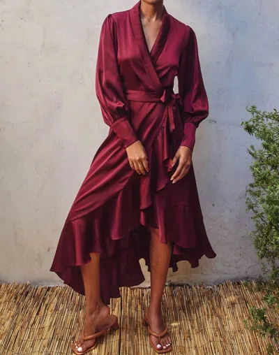 Dress Forum Satin Ruffled Midi Wrap Dress In Sangria In Yellow