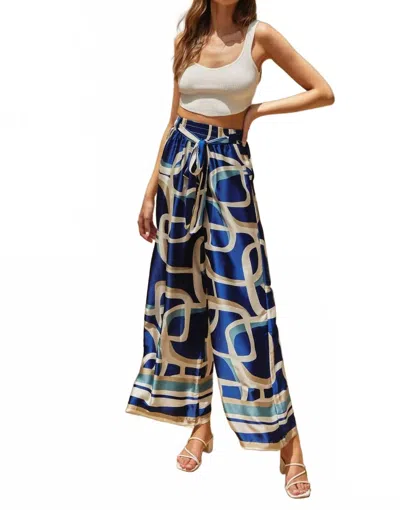 Dress Forum Satin Wide Leg Pants In Blue/ Ivory/ Tan In Multi