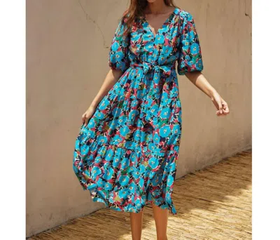 Dress Forum Sky Balloon Sleeve Dress In Teal Floral In Multi