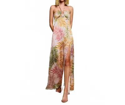Dress Forum Tropical Leaf Printed Satin Maxi Dress In Multi