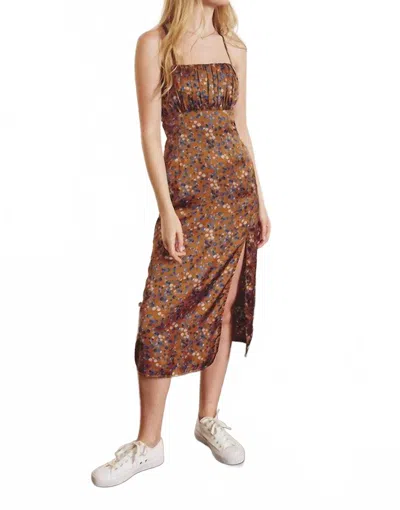 Dress Forum You Found Me Ditsy Floral Satin Tie Midi Dress In Ochre In Brown