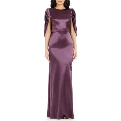 Dress The Population Adina Cape Sleeve Satin Trumpet Gown In Midnight Plum