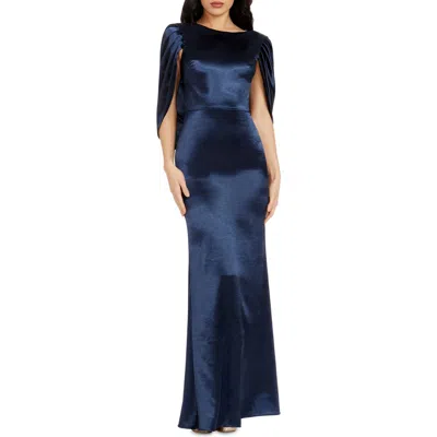 Dress The Population Adina Cape Sleeve Satin Trumpet Gown In Navy