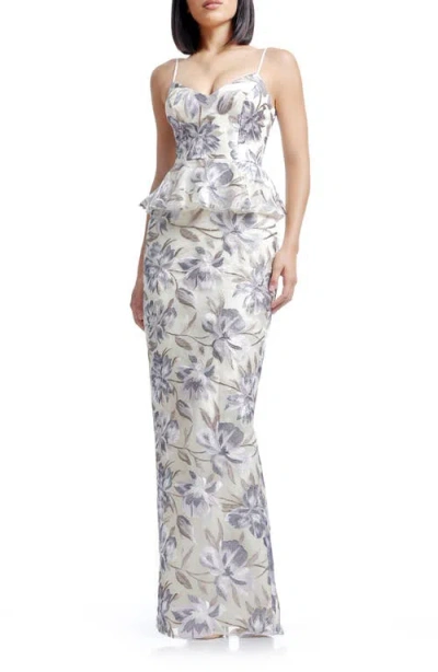 Dress The Population Akiah Floral Embroidered Chiffon Gown In Ivory Multi