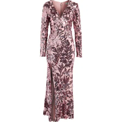 Dress The Population Alessandra Floral Sequin Long Sleeve Gown In Rose Multi