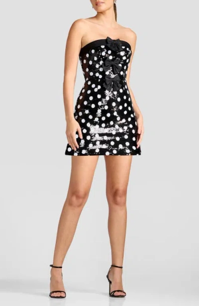 Dress The Population Alysia Dot Sequin Bow Cocktail Minidress In Black-white