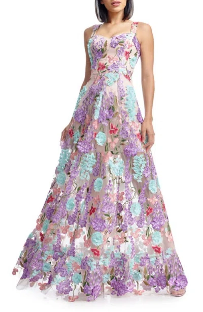 Dress The Population Anabel Floral Appliqué Chiffon Gown In Blush Multi