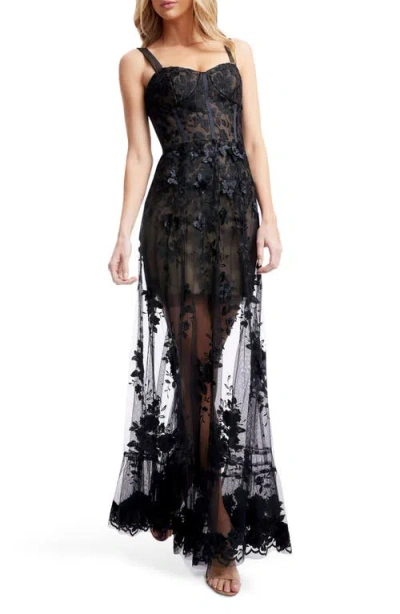 Dress The Population Anabel Sheer Lace Bustier Gown In Black/beige