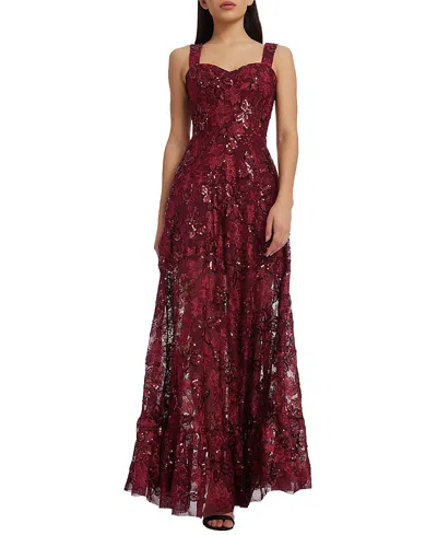 Dress The Population Anabel Sweetheart Neck Floral Sequin Lace A-line Gown In Burgundy