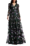 Dress The Population Angelina Sequin Floral Embroidery Long Sleeve Gown In Black Multi