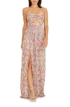 Dress The Population Angelique Floral Cutout Metallic Strapless Maxi Dress In Pink